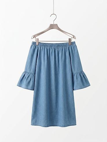 cins don: Denim off-shoulder paltar - Model: açıq çiyin (off-shoulder) kəsim — 2