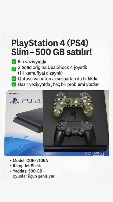 сколько стоит playstation 4: Sony PlayStation 4 Slim 500GB. Əla vəziyyətdədir. Komplektə 2 ədəd