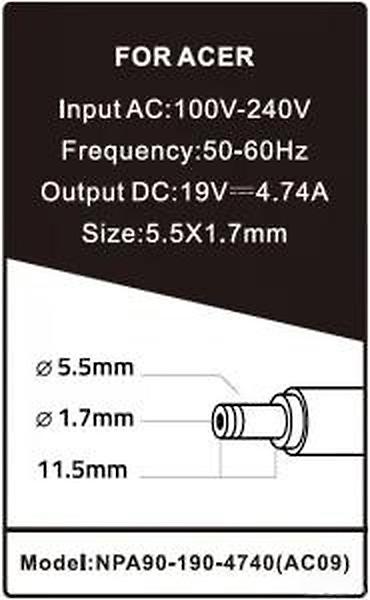 Adapteri i punjači za laptop: Punjač za laptop – za Acer (model NPA90-190-4740 / AC09) - Tip: AC — 2