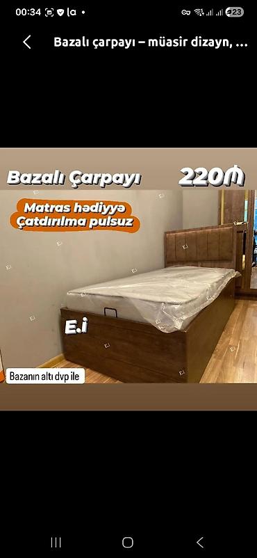 istikbal matras: Bazalı çarpayı – müasir dizayn, ağac rəngli karkas və yumşaq başlıq — 1