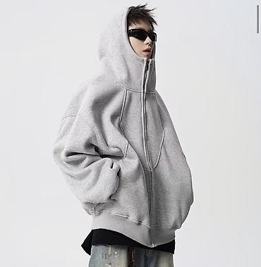 zip худи: Серое худи на молнии с капюшоном, oversize - Унисекс, свободный крой — 2