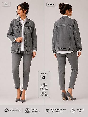 tek pencek: Məhsul: Qadın denim ceket Rəng: Boz (yuyulmuş denim effekti) Ölçü — 1