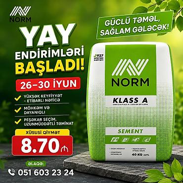 Məhsul: Norm “Klass A” sement Çəki: 40 kq Marka/standart: CEM lalafo.az -da Məhsul: Norm “Klass A” sement Çəki: 40 kq Marka/standart: CEM