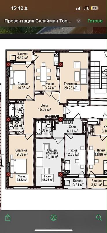 flat osh: 3 комнаты, 93 м², Ошский рынок / базар Элитка, 12 этаж, ПСО (под самоотделку) — 2
