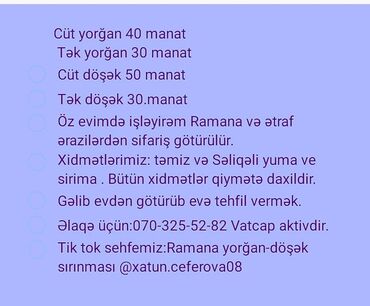 xacmaz taksi xidmeti: Yorğan və döşək sırınması xidməti təklif olunur. Xidmətlərə təmiz və
