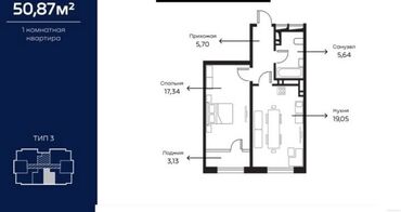ош недвижимость: 1 комната, 51 м², Индивидуалка, 7 этаж, Косметический ремонт