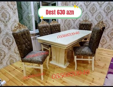 Masa və oturacaq dəstləri: Qonaq otağı üçün, Yeni, Açılmayan, Dördbucaq masa, 6 stul — 2