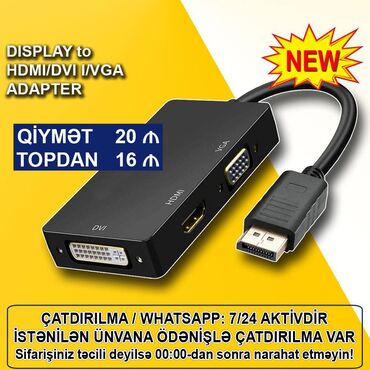 kabel aux: Adapter "Display Port to DVI I/HDMI/VGA" 🚚Metrolara və ünvana