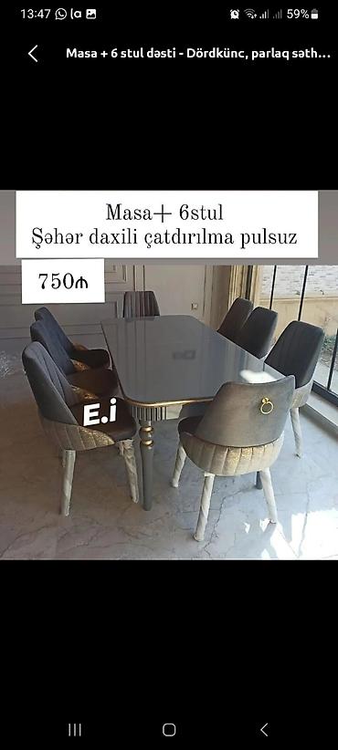 aile: Masa + 6 stul dəsti - Dördkünc, parlaq səthli yemək masası - Zərif — 1