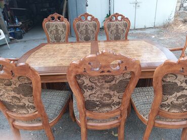 Masalar: Qonaq otağı üçün, İşlənmiş, Açılan, Dördbucaq masa, 6 stul