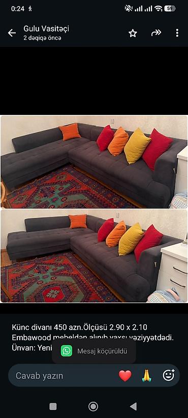 Künc divanı 450 azn.Ölçüsü 2.90 x 2.10 Embawood mebeldən alınıb yaxşı