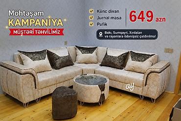 Möhtəşəm kampaniya dəsti: - Künc divan - Jurnal masa - Pufik Rəng