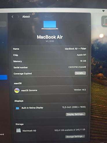 apple macbook air m1: Apple MacBook Air 13.3" (M1, 2020) – Qızılı Səliqəli baxılıb Texniki — 3