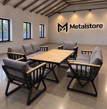 ofis ucun stol: Mebel dəsti – metal karkaslı, ağac detallı modern lounge/teras — 1