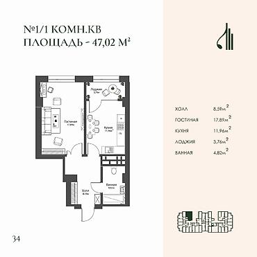 24: 1 комната, 47 м², Политех Элитка, 5 этаж, ПСО (под самоотделку) — 2