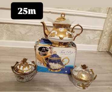 xrustal qablar aliram: Çay dəsti, rəng - Qızılı, Farfor
