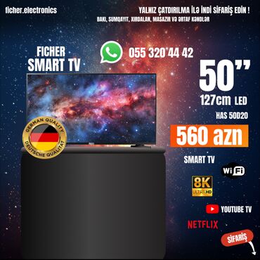 ficher smart tv: Yeni Televizor Led 50" 8K (7680x4320), Pulsuz çatdırılma