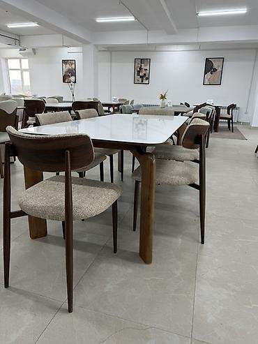 dinner table: Обеденный комплект: стол 180/90 с каменной столешницей + стулья - — 4