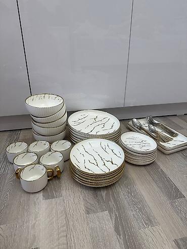dish sets: Столовый сервиз с золотым мраморным декором На 6 персон (тарелки - — 1