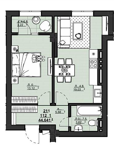 1к: 1 комната, 44 м², Элитка, 12 этаж, ПСО (под самоотделку) — 6