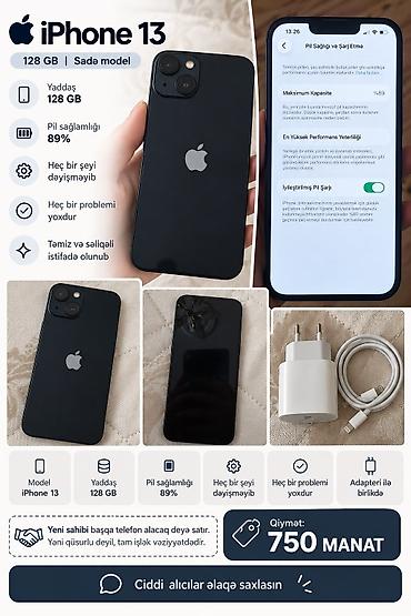 iphone 7 plus islenmis qiymeti: IPhone 13, 128 GB, Midnight, Barmaq izi, Face ID — 1