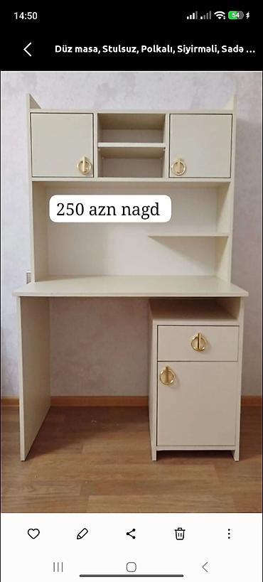 masa ev: Düz yazı/kompüter masası – stulsuz, rəfli və siyirməli model — 1