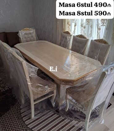 masa dəst: Qonaq otağı üçün, Yeni, Açılmayan, Dördbucaq masa, 6 stul, Azərbaycan