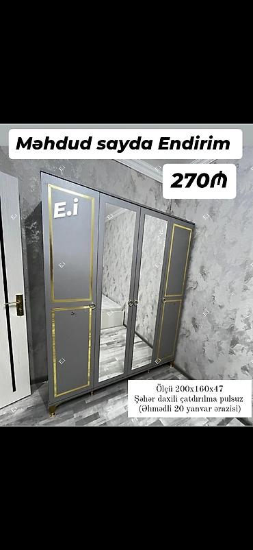 işlənmiş mebel alan: *4 qapılı dolab Endirim 270AZN💥* ▫️Rəng seçimi var ▫️Şəhər daxili — 6