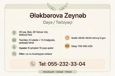 gunluk utu isi: Xidmət: Dəyə/Tərbiyəçi – Ələkbərova Zeynəb - Yer: Bakı, 20 Yanvar — 2