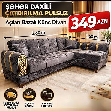Açılan bazalı künc divan - Ölçülər: uzun hissə 2,60 m, yan/künc hissə