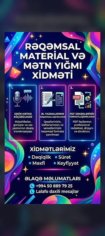 profil sekilleri qız: Rəqəmsal material və mətn yığımı xidməti Xidmətlər: - Səsin mətnə — 1