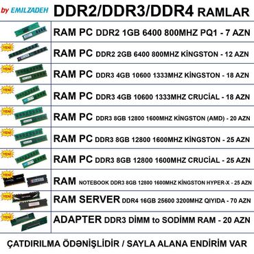 Masaüstü kompüterlər və iş stansiyaları: Operativ yaddaş (RAM) Kingston, 8 GB, 1600 Mhz, DDR3, PC üçün, Yeni