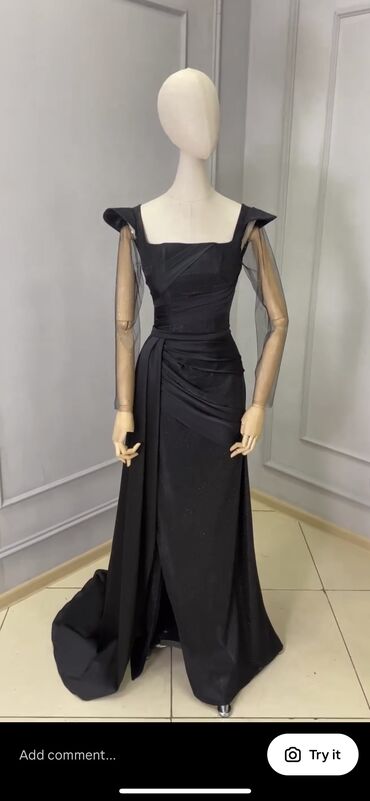 вечернее чёрное платье со шлейфом: Вечернее платье, Длинная модель, Атлас, С рукавами, Шлейф, S (EU 36), M (EU 38)