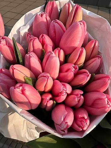 Букеты из живых цветов: Тюльпаны срезанные — букетные сборки. - Варианты окраски: насыщенный — 20