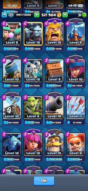 Kolleksiya kartları: Clash Royale hesabı - Kral səviyyəsi: 33 (1997/11000 XP) - Kupa: 6885 — 8