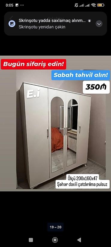 Üç qapılı paltar dolabı - Rəng: ağ - Ön qapılarda iki ədəd böyük