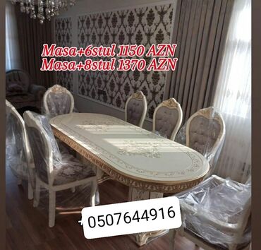 Masa və oturacaq dəstləri: Qonaq otağı üçün, Yeni, Açılmayan, Dördbucaq masa, 6 stul — 11