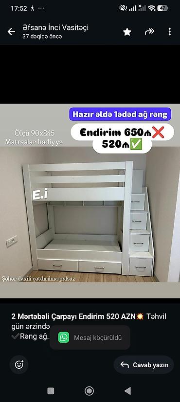 emsan endirim: *2 Mərtəbəli Çarpayı Endirim 520 AZN💥* Təhvil gün ərzində ✔️Rəng ağ — 1