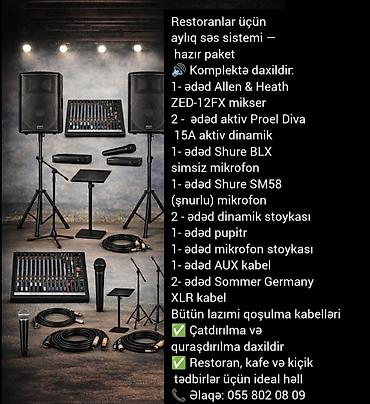 ses mikseri: Restoranlar üçün aylıq səs sistemi — hazır paket Komplektə daxildir — 1