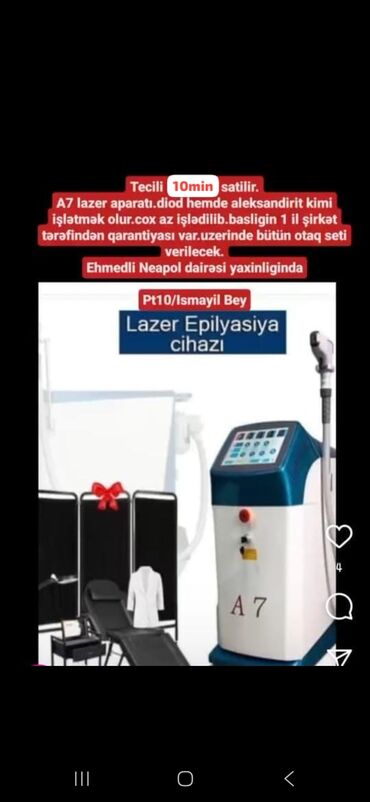Kosmetoloji aparatlar: Tecili A7 lazer aparati 10.000m satilir.Melumat şekilde qeyd olunub