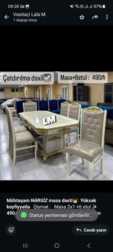 restoran ucun stol stullar: *Möhtəşəm _NƏRGİZ_ masa dəsti*👑 *Yüksək keyfiyyətlə* Qiymət : Masa