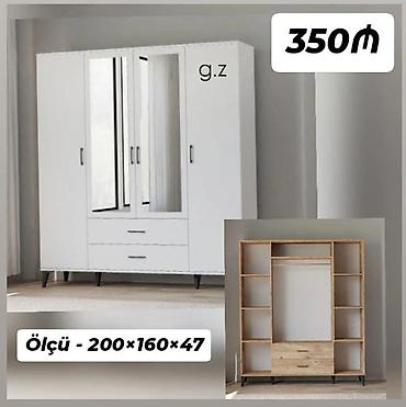 2ci el dolablar: Ağ rəngli 4 qapılı paltar dolabı, mərkəzdə iki ədəd güzgülü qapı ilə — 1