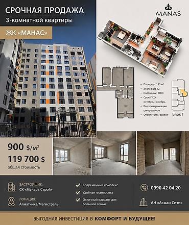 3 комнаты, 133 м², Элитка, 8 этаж, ПСО (под самоотделку)