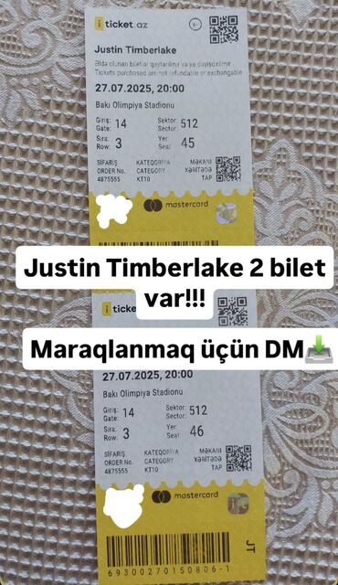 İncəsənət və kolleksiyalar: Justin Timberlake konsertinə iki ədəd yan yana oturacaqlı bilet