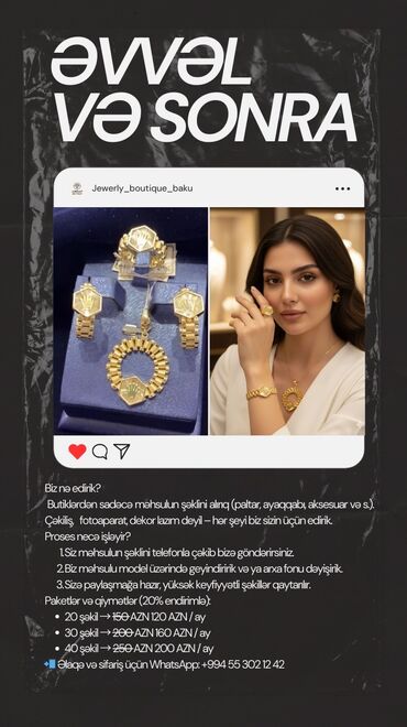 Başqa xidmətlər: 📌 Sosial şəbəkələrdə məhsul satırsınız, amma model, kamera, işıq — 3