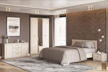 двух спальные кровати: Спальный гарнитур, Новый, Двуспальная кровать, Россия, ДСП, Бесплатная доставка, цвет - Бежевый