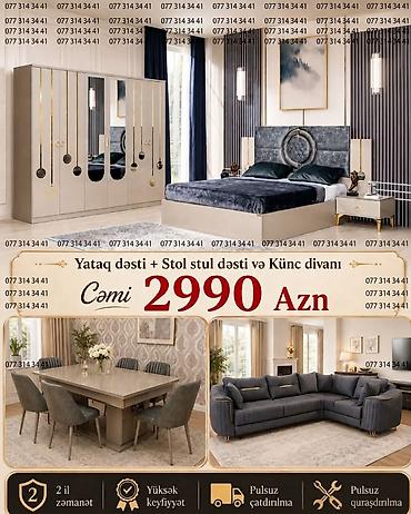 Mebel paketi – yataq dəsti + stol-stul dəsti + künc divanı Paket