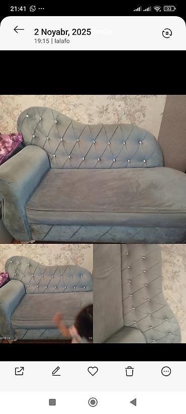 Zərif dizaynlı yumşaq divan - Rəng: boz-yaşıl (pastel ton) - Parça