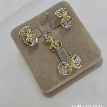 серьги и кольцо из серебра комплект: Италия Эксклюзив Серебро покрыто желтое золото пробы 925 Камни фианиты