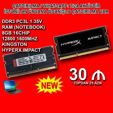 ddr 4 ram: Operativ yaddaş (RAM) HyperX, 8 GB, 1600 Mhz, DDR3, Noutbuk üçün, Yeni